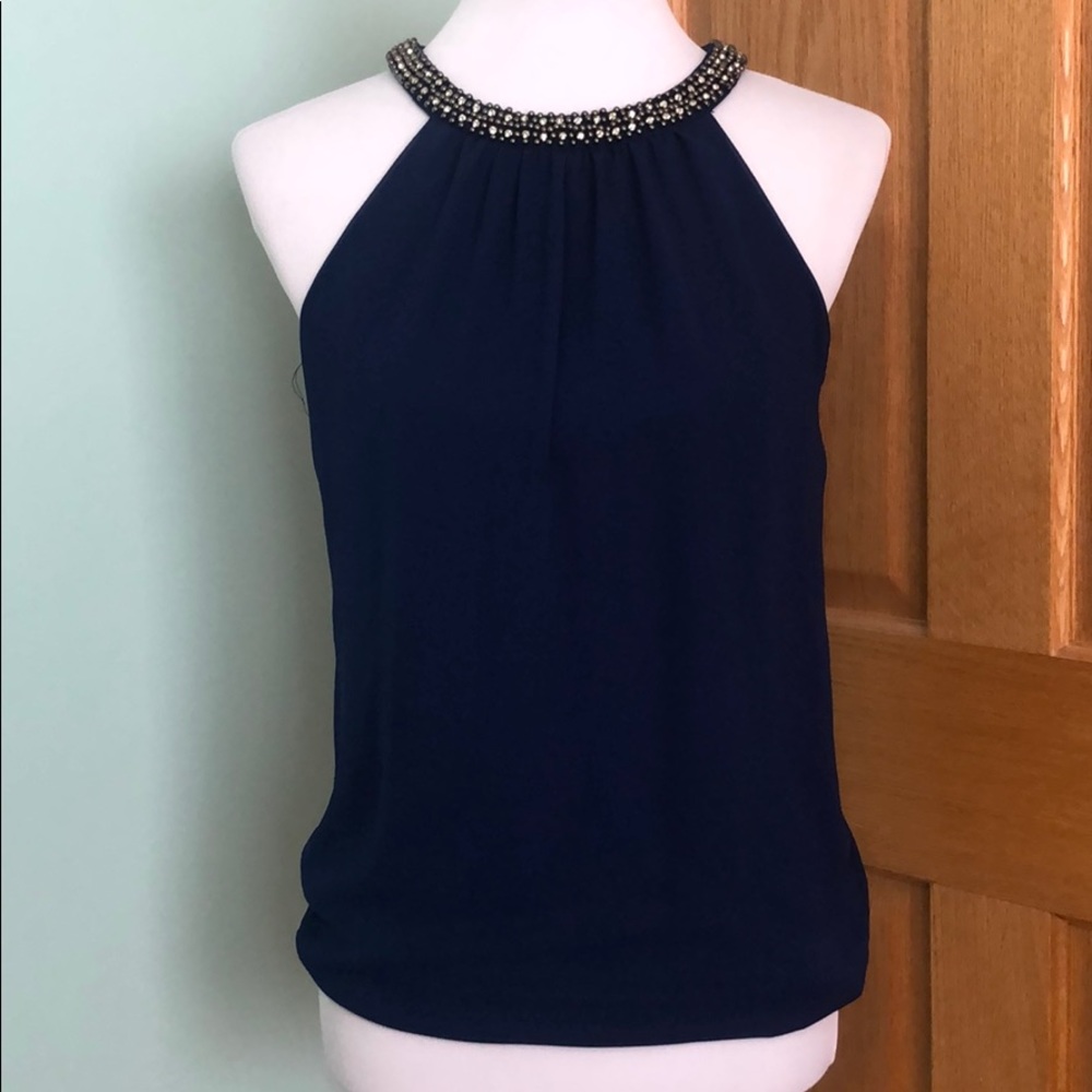 Express Navy Embellish Neckline Blouse
